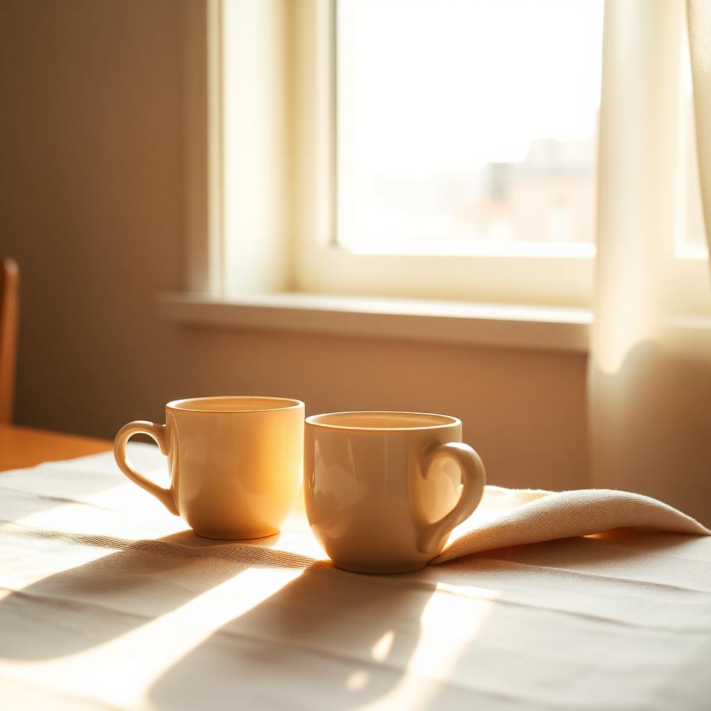Two ceramic coffee cups on a sunlit linen tablecloth