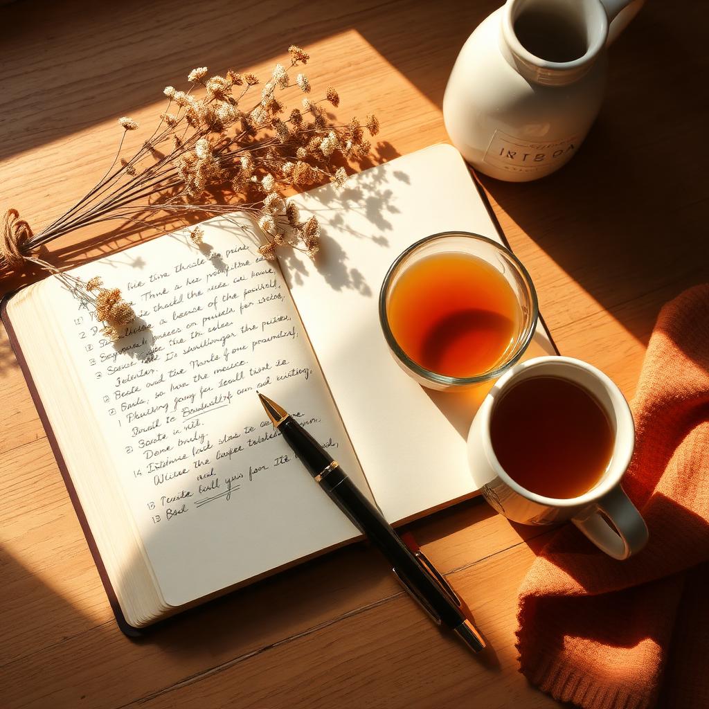 Open journal, fountain pen and warm tea in morning sunlight